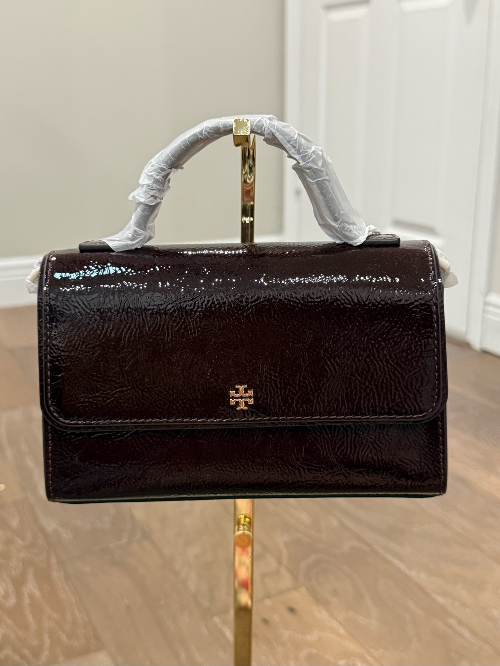 Tory Burch Glossy Burgundy Top-Handle Satchel with Gold Logo Crossbody Bag
